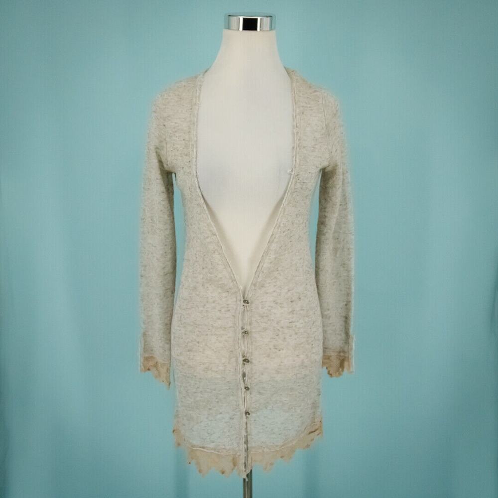 Free People Size XS Oatmeal Lace Button Long Sleeve Linen Duster Tunic Cardigan